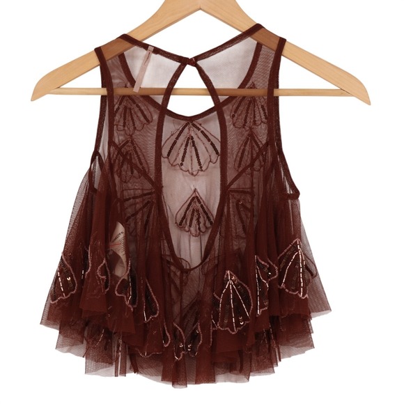 Free People Tulsi Mesh Tank Top Womens Small Brown Sequin Embellished Cropped - Picture 4 of 5